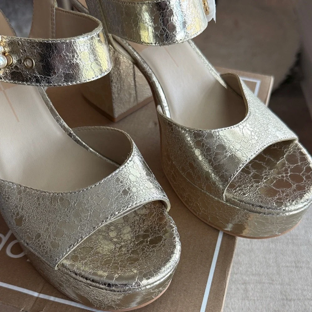 Dolce Vita Metallic Gold Pearl-Embellished Platform Sandals
